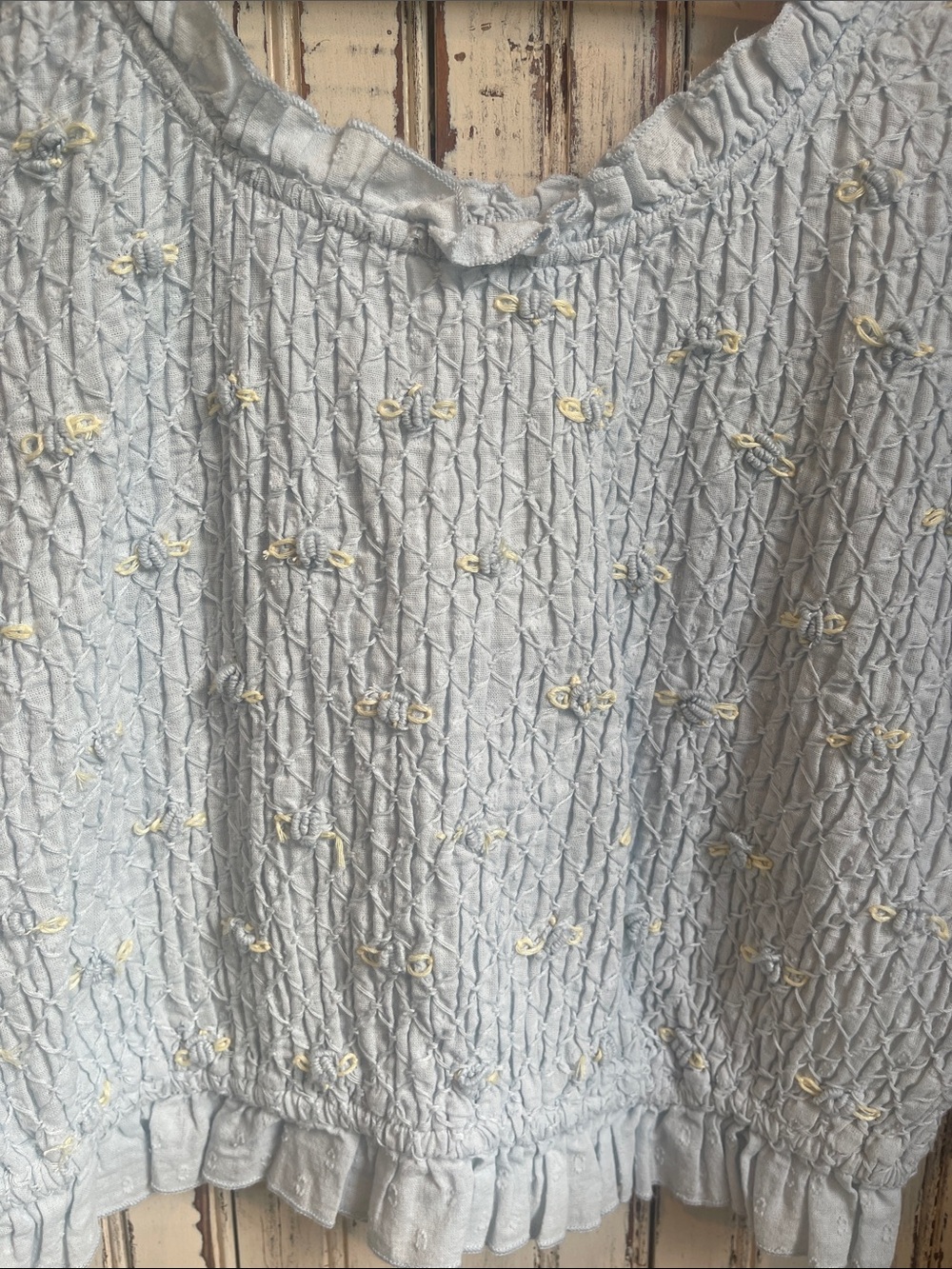 Light Blue Smocked Puff Sleeve Top with Floral Details - Picture 2 of 11